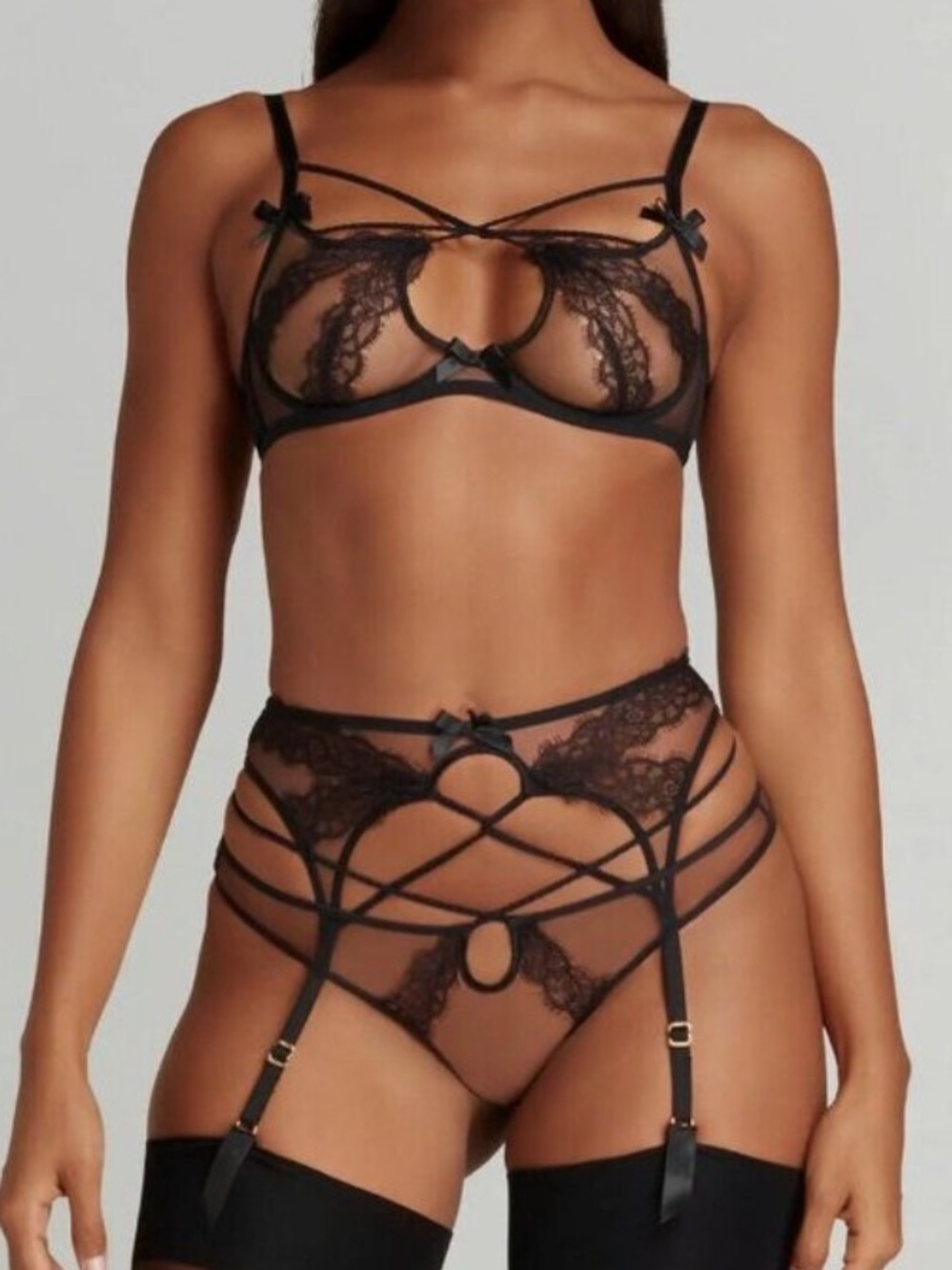 NWT Agent Provocateur Nyxie Black Lace & Trixie Thong Lingerie Set Bra 32DD/S